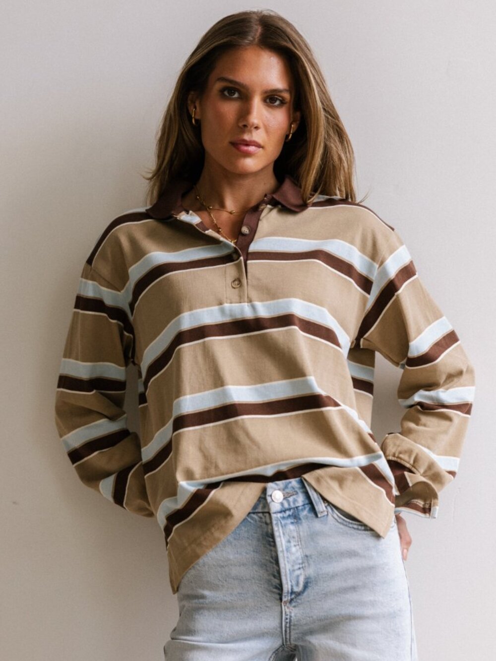 böhme Brown Polo with Tan & Light Blue Stripes